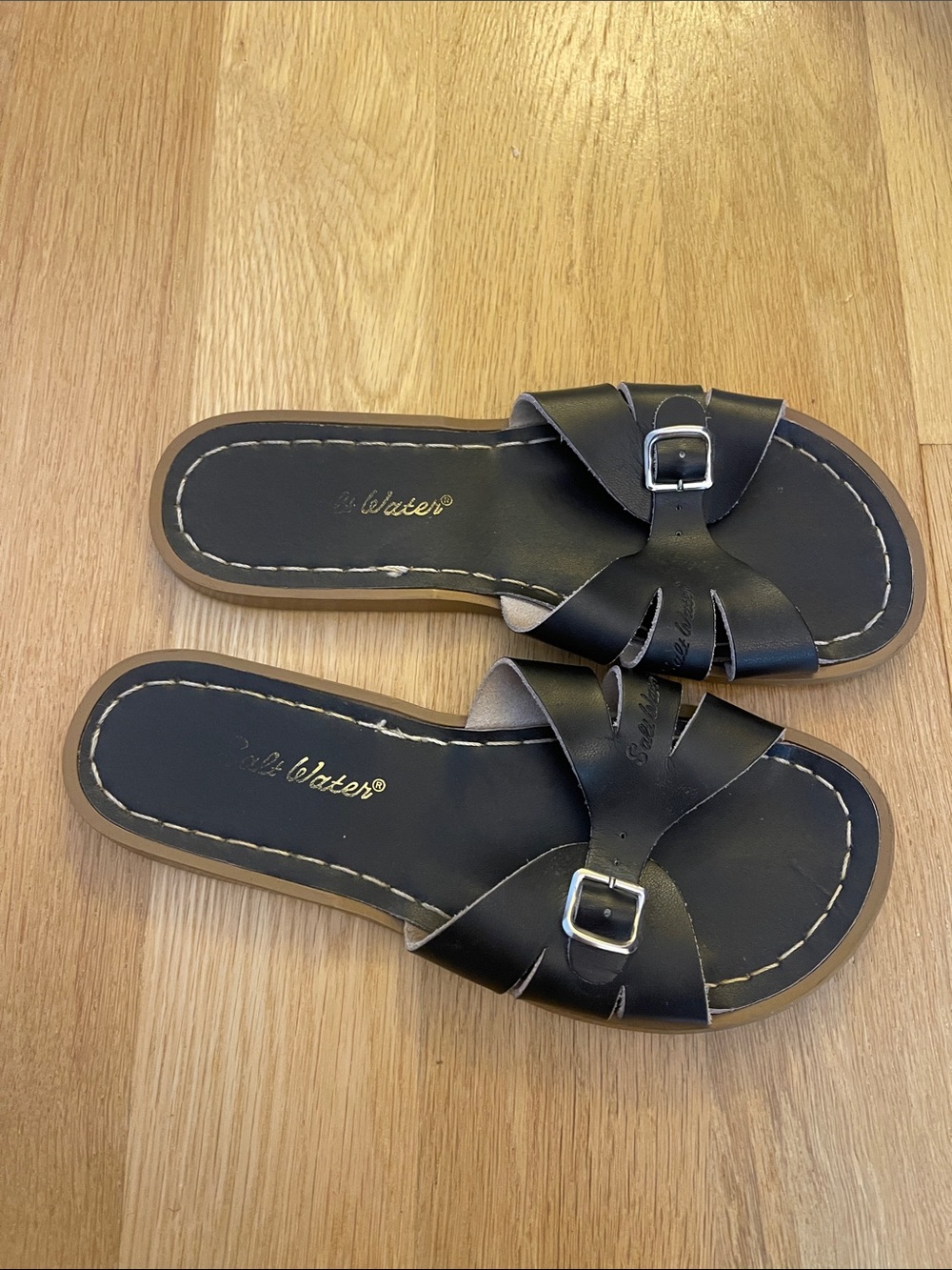 Salt Water Sandals by Hoy Black Leather Slide Sandals with Buckles
